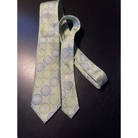 HAINES & BONNER LONDON LUXURY  TIE HAND MADE 100% SILK Green Blue Circles - Picture 3 of 4